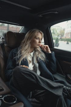 Home A thoughtful businesswoman sits in a luxurious car, pondering during a ride.